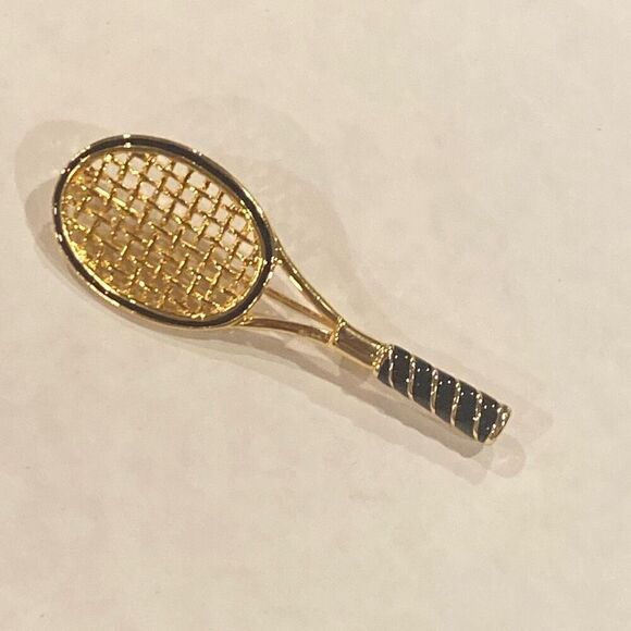 Tennis Racquet Brooch Pin Black and Gold Tone - Picture 1 of 6